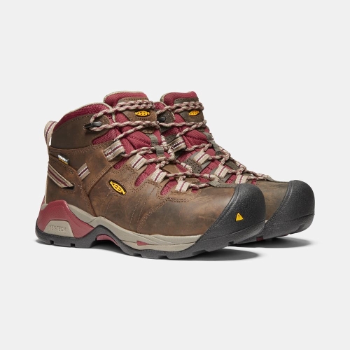 Women's Keen Detroit Xt Mid Waterproof Steel Toe Work Boots Brown Red | TEU-759248